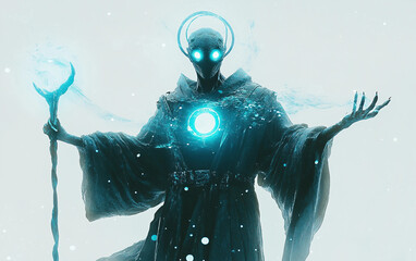 Mystical extraterrestrial figure hovering in silence symbolizing cosmic power and ancient spirituality isolated on transparent background PNG