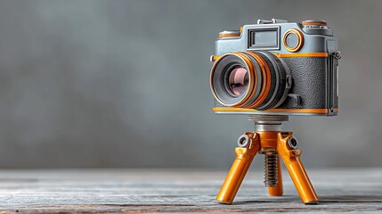 Charming miniature camera on a tripod evokes a sense of nostalgia and craftsmanship, perfect for photography enthusiasts or vintage-themed designs