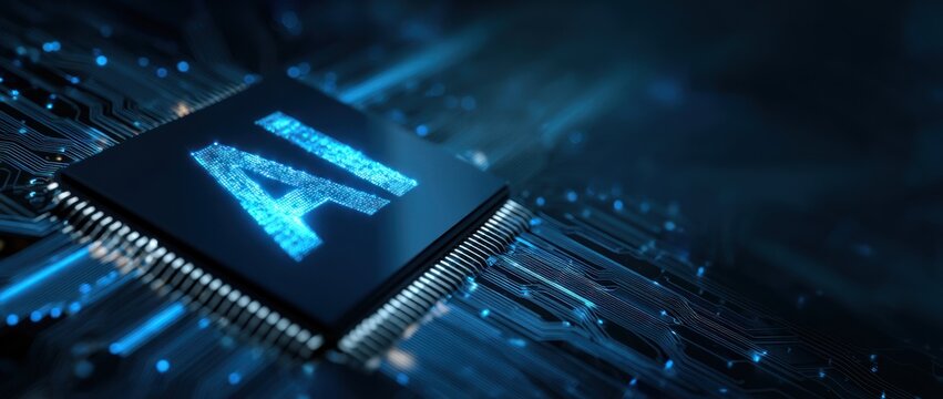 Glowing ai text on dark microchip circuit board background - Powered by Adobe