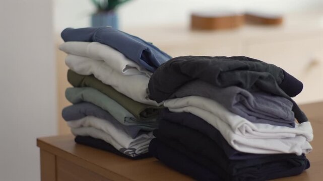 Folded clothes stacked neatly on wooden surface, symbol of domestic order, routine, and quiet care in everyday home life