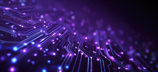 Glowing purple circuit board traces with abstract bokeh lights background