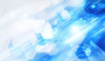 Abstract blue and white digital background with glowing geometric shapes.