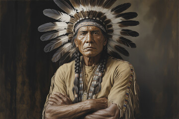 Portrait of a stern and courageous North American Indian.