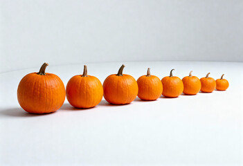 A row of varying sized orange pumpkins lined up on a white surface against a white background