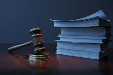 A judge's gavel on a stand and a stack of papers.