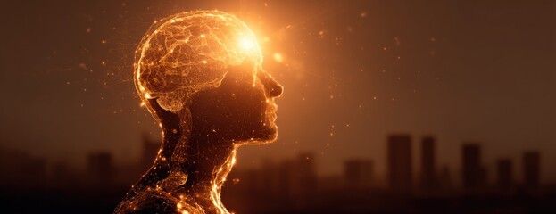 Glowing digital human profile against a dark cityscape background