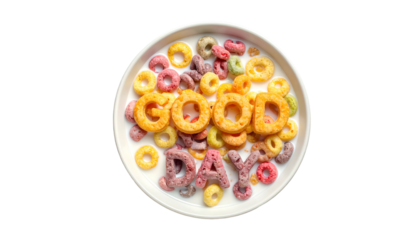 A top-down shot of a cereal bowl with colorful cereal spelling "GOOD DAY" in milk