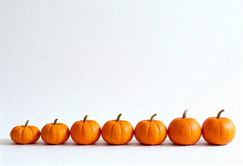 Seven orange pumpkins arranged in a row from smallest to largest on a white background space