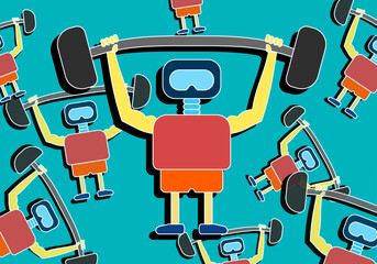 Flat design illustration of a powerful robot weightlifter doing a clean and jerk with barbells. Concept of AI strength, machine learning, technology power, and future fitness.