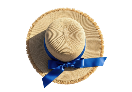Straw boater hat with blue ribbon isolated PNG, summer sun hat for women on transparent background, fashion accessory