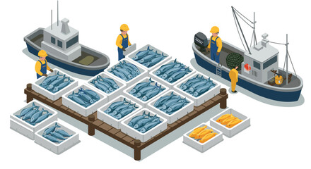 Obraz premium Isometric fishing dock with boats, workers, and fresh fish