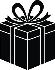 Gift box black glyph vector icon, present symbol with decorative ribbon and bow, solid silhouette packaging for holiday celebration, birthday, surprise, and special occasion design.