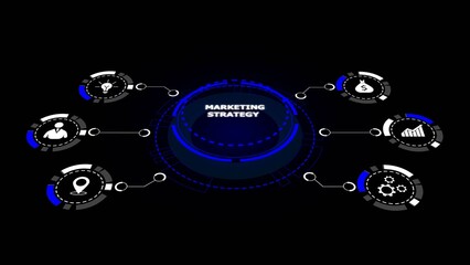 Digital infographic diagram with marketing strategy icons and blue glowing center on black background