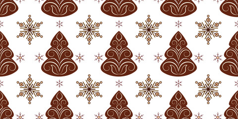 Gingerbread Christmas trees with snowflakes. Cozy winter holiday seamless pattern on white background. Brown fir tree with white curls. Warm christmas holiday decor