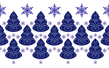 Blue Christmas trees and snowflakes. Cozy winter holiday seamless border pattern on white background. Winter cold forest. Classic christmas holiday decor