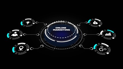 Digital diagram showing online marketing concept with icons for people money graph and location image