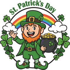 Happy cartoon leprechaun holding a pot of gold coin at the end of a rainbow, framed by shamrocks for St. Patrick's Day design.