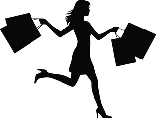 Woman running with shopping bags silhouette vector, female figure on a shopping spree, fast purchase, commerce, consumerism, and retail sales activity illustration design.