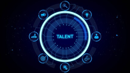 Digital interface with the word talent in the center and surrounding icons representing business concepts