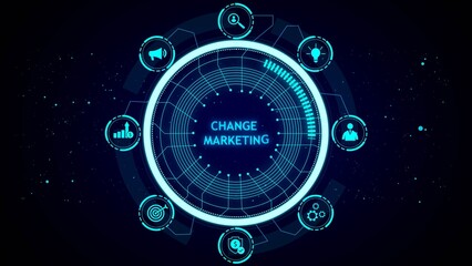 Digital circular diagram with icons representing marketing concepts and the words change marketing in the center