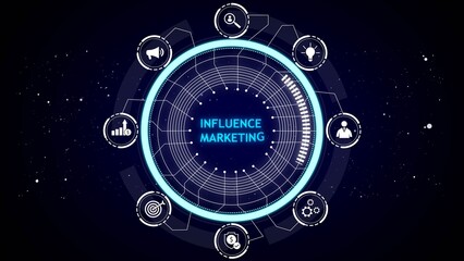 Digital infographic with influence marketing text and icons on dark background technology