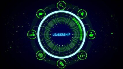 Digital circular interface with leadership icons and text abstract analytics