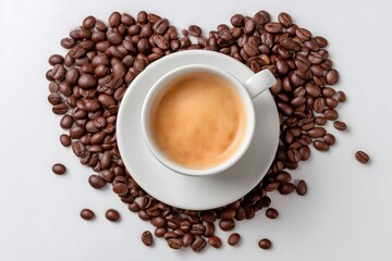 Fototapeta premium Espresso Cup Surrounded by Coffee Beans Forming a Heart Shape