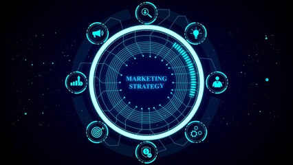 A digital circular interface with icons representing marketing strategy elements on a dark blue background