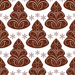 Sweet winter holiday seamless pattern on white background. Brown gingerbread Christmas trees with snowflake decor. Brown fir tree with white curls. Warm christmas holiday decor