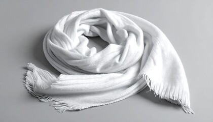 Elegant white scarf draped on a neutral surface, showcasing texture and form.