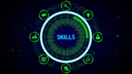 A digital circular interface displays the word skills in blue text surrounded by green icons representing communication analysis growth and people