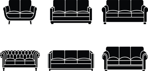 Set of six diverse sofa icons and couches, black silhouette vector graphics, representing various furniture styles for interior design and home decor projects.