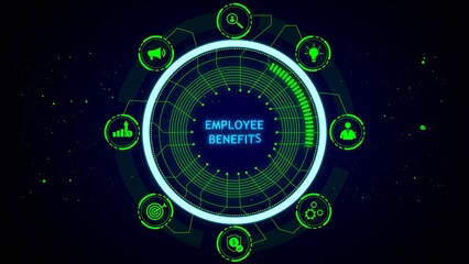 A digital graphic displaying employee benefits with icons representing different aspects of employment