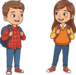 Happy cartoon boy and girl students with backpacks standing and smiling, ready to learn, perfect for back to school and education design.