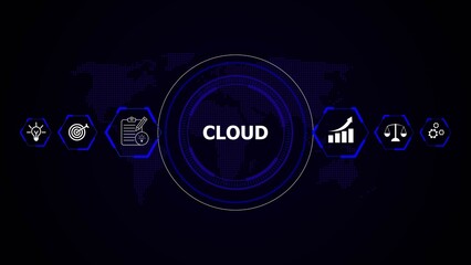Digital cloud technology with global map and business icons image