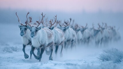 Majestic herd of reindeer charging through a winter wonderland, their breath misting in the frosty air, creating a breathtaking scene of wild beauty and raw power.