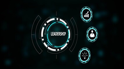 Digital interface with leadership text and icons for growth person and idea abstract analytics