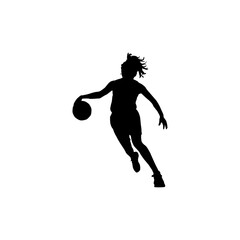 Silhouette of a female basketball player dribbling the ball on a white background