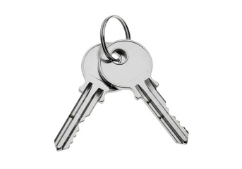 Two silver metal keys with ring isolated PNG, security and access concept for design elements on transparent background