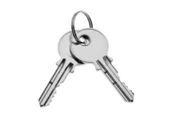 Two silver metal keys with ring isolated PNG, security and access concept for design elements on transparent background