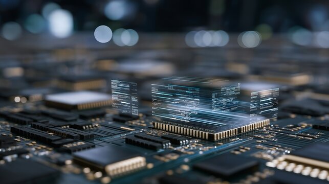 Close-up of multi-layered CPU architecture with augmented reality overlays visualizing data flow and instruction pipelines, highlighting chip-level innovation, microprocessor design analysis, and