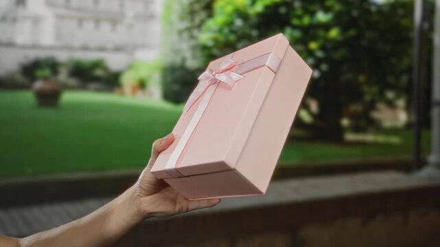Man holding pink gift box outdoors in a park with a lush green background creates a serene and celebratory ambiance, emphasizing the concept of gifting and special occasions.