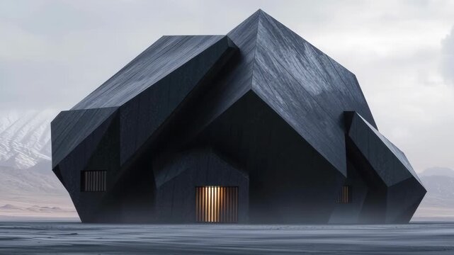 Abstract modern building minimalist landscape mysterious architecture futuristic desert mountain with monolithic geometry dark facade foggy