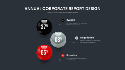 Naklejka premium Elegant Forecast 3 Element Diagram Slideshow Template. Modern Profile Frame Design Vector Illustration. Project Report Three Option Infographic Slide Layout.