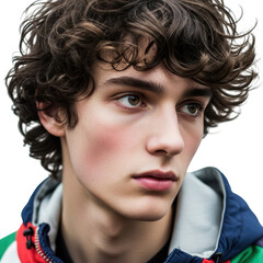 Young man with curly brown hair wearing a hooded jacket isolated on transparent background