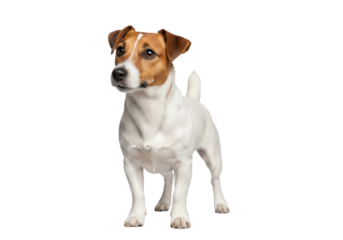 Alert Jack Russell Terrier dog isolated PNG, standing attentively with a curious expression on transparent background
