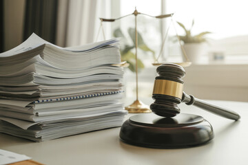 Scales, a judge's gavel on a stand, and a stack of papers.