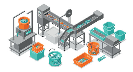Obraz premium Isometric fish processing factory with automated conveyor system