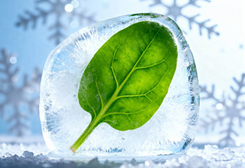 A single green leaf encased in a block of ice against a background of snowflake patterns