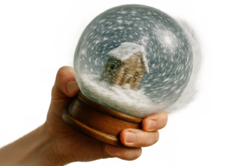 Hand holding a snow globe containing a tiny house, set against a backdrop of swirling snowflakes on a clear surface